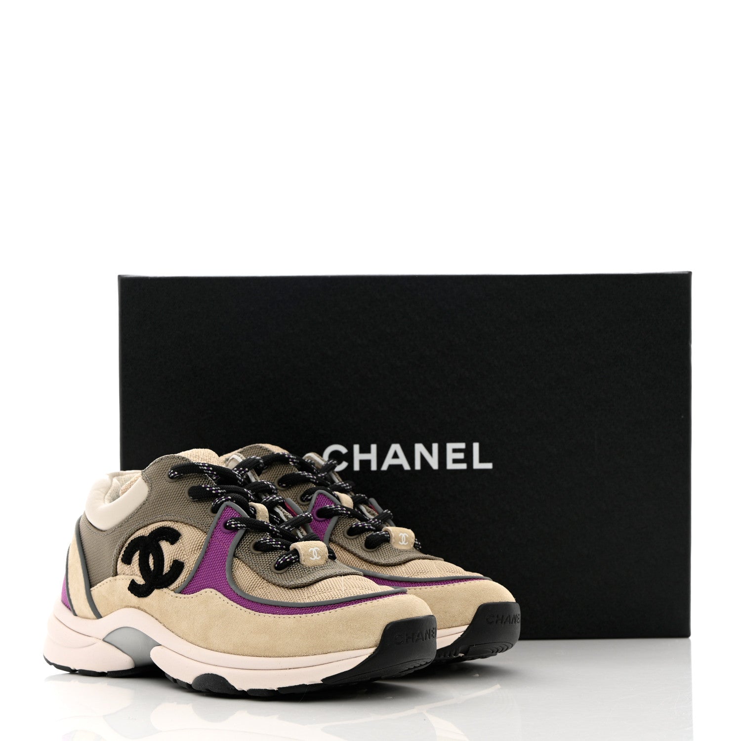 Chanel Mesh Suede Calfskin Grained Calfskin Womens CC Sneakers 36 Beige Dark Beige Purple 9 of 9