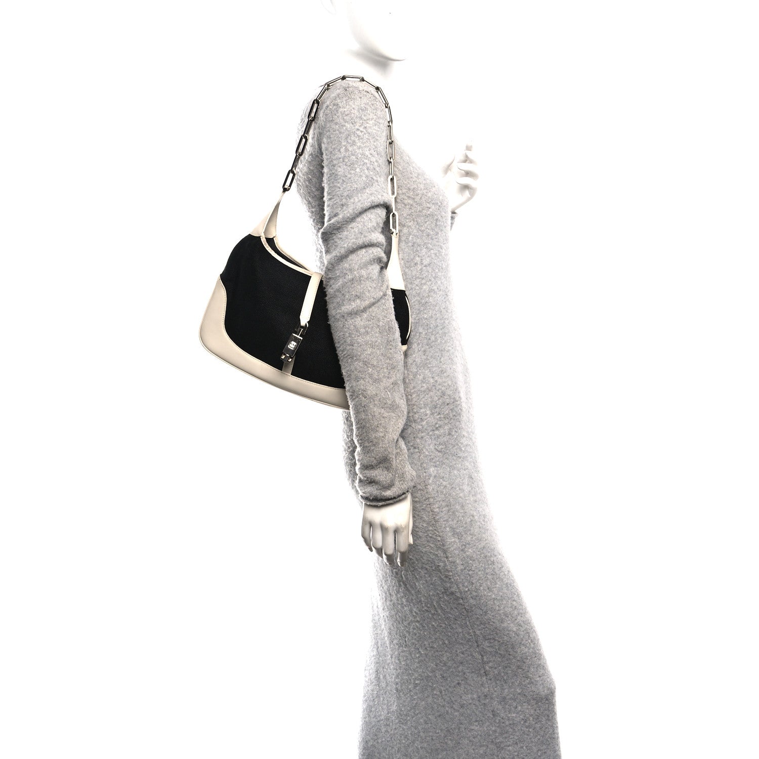 Gucci Canvas Calfskin Jackie O Chain Hobo White Black 2 of 14