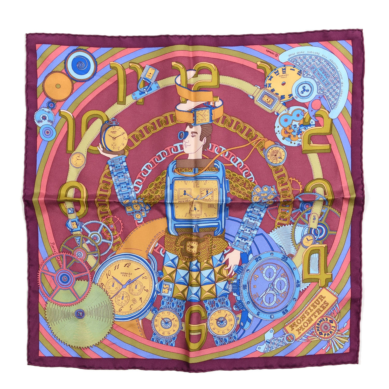 Hermes Silk Monsieur Montres Pocket Square Prune Lie De Vin Bleu 1 of 4