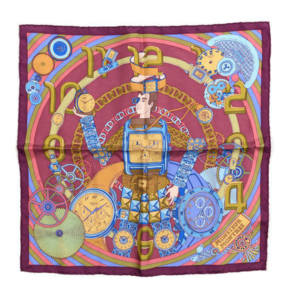 Hermes Silk Monsieur Montres Pocket Square Prune Lie De Vin Bleu 1 of 4