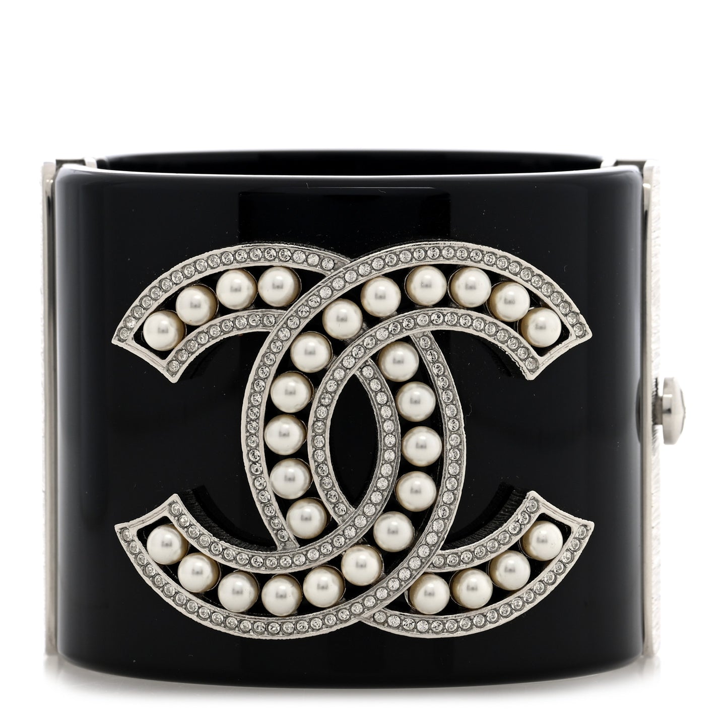 Resin Pearl Crystal CC Cuff Bracelet Black Silver