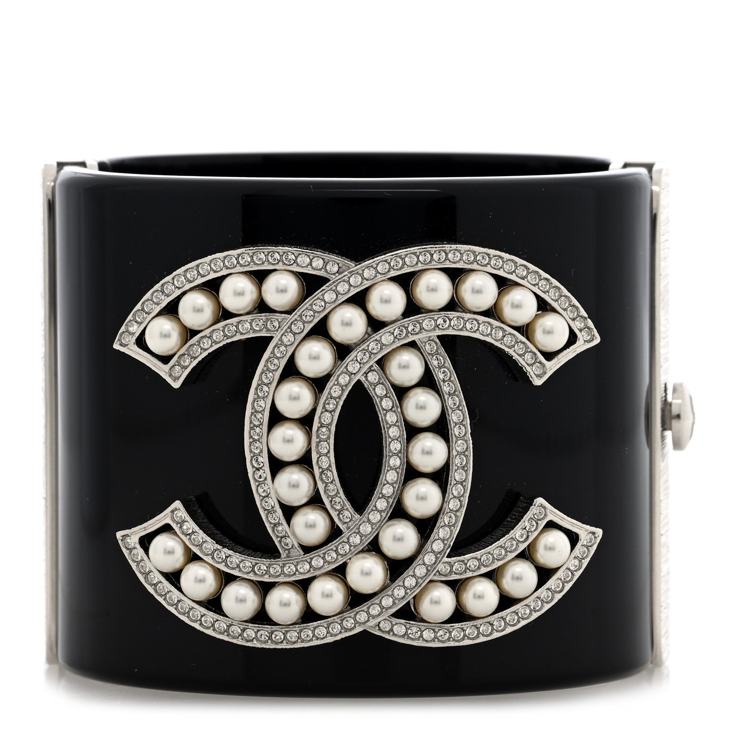 Chanel Resin Pearl Crystal CC Cuff Bracelet Black Silver 1 of 5