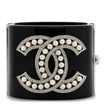Chanel Resin Pearl Crystal CC Cuff Bracelet Black Silver 1 of 5