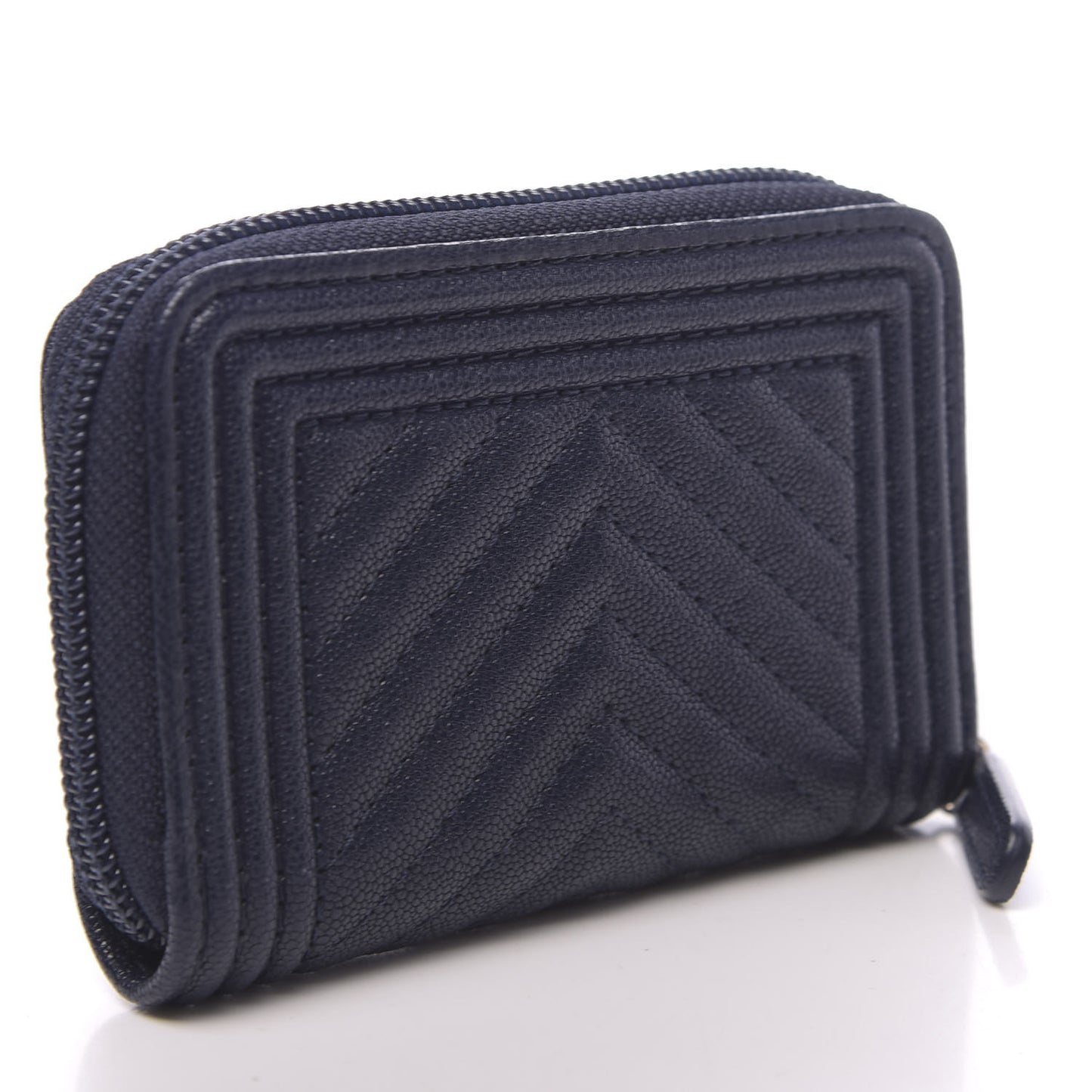 Caviar Chevron Quilted Boy Zip Around Coin Purse Wallet Navy Blue