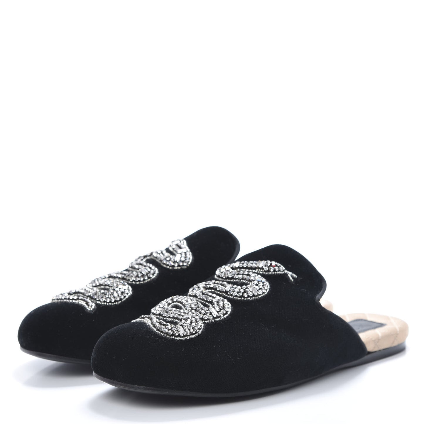 Velvet Crystal Snake Embroidered Womens Slippers 37 Black