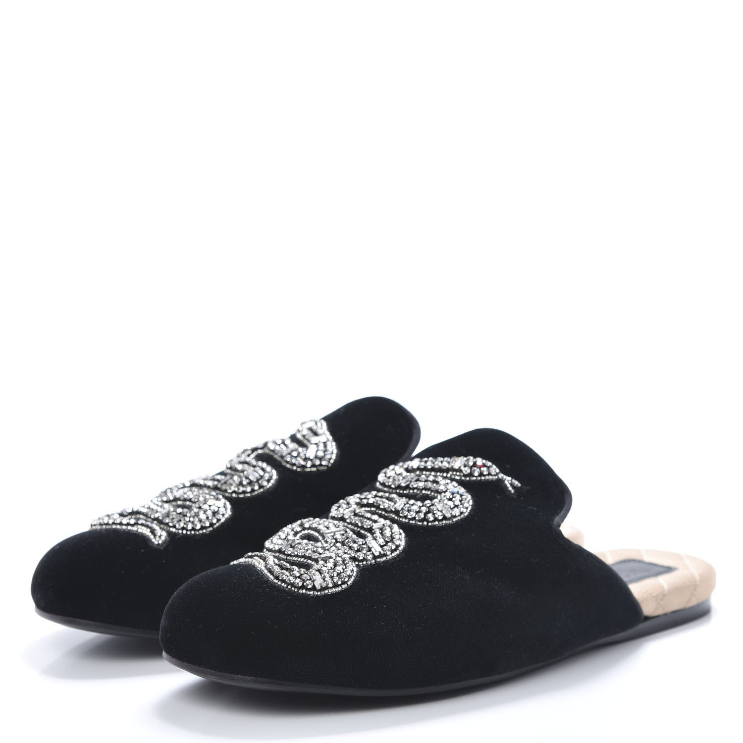 Gucci Velvet Crystal Snake Embroidered Womens Slippers 37 Black 3 of 9