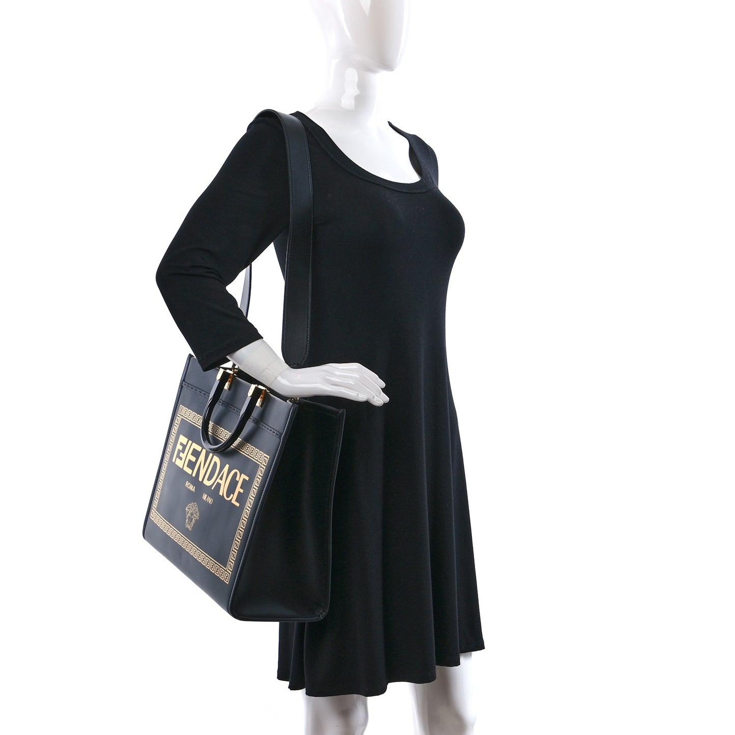 X VERSACE Calfskin Plexiglass Fendace Medium Fendi Sunshine Shopper Tote Black