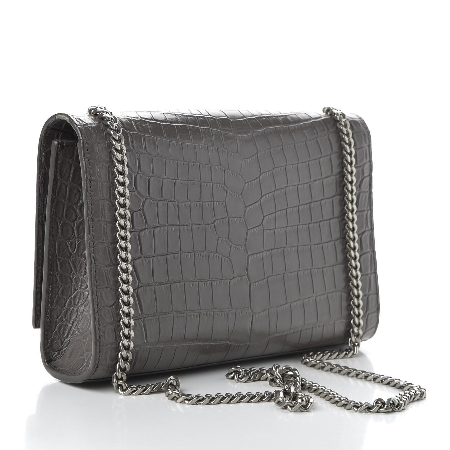 Calfskin Crocodile Embossed Medium Classic Monogram Kate Tassel Satchel Fog