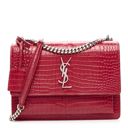 Saint Laurent Calfskin Crocodile Embossed Medium Monogram Sunset Rouge Eros 1 of 9