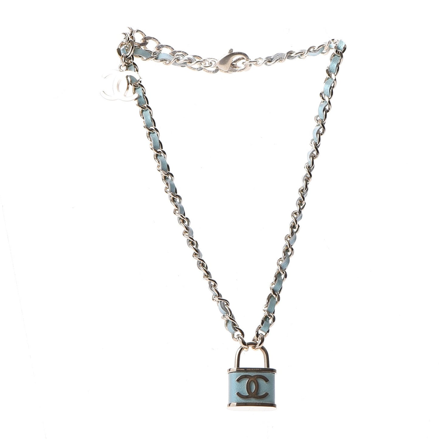 Calfskin Metal Padlock Necklace Gold Iridescent Blue