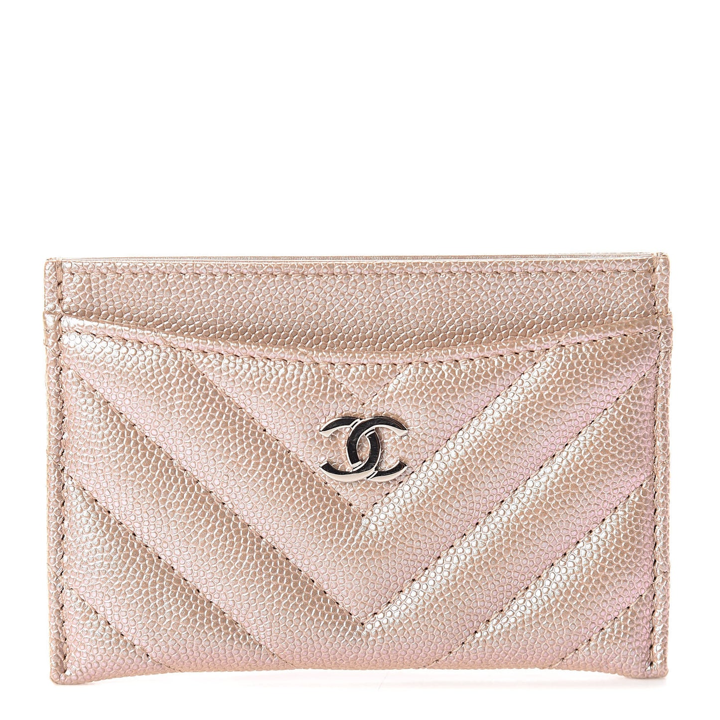 Metallic Caviar Chevron Quilted Card Holder Light Gold