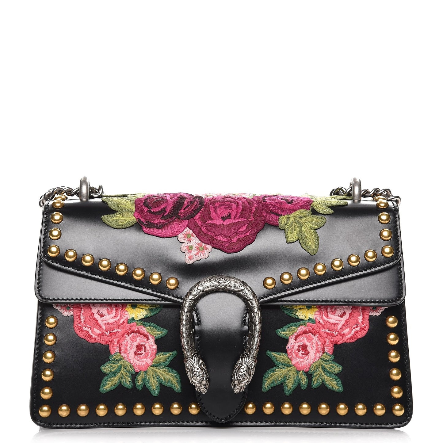 Calfskin Floral Embroidered Studded Small Dionysus Shoulder Bag Black