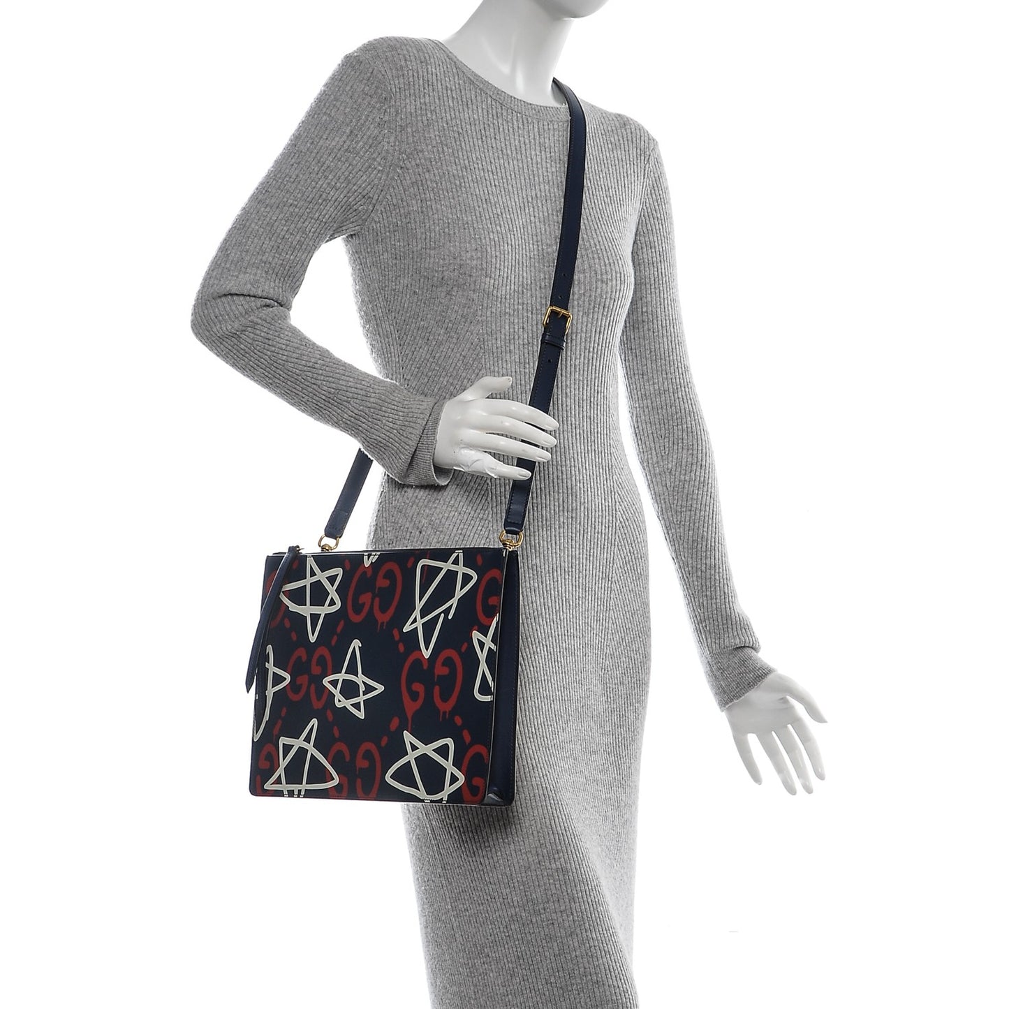 Calfskin GucciGhost Print GG Messenger Bag Blue Agata Hibiscus Red