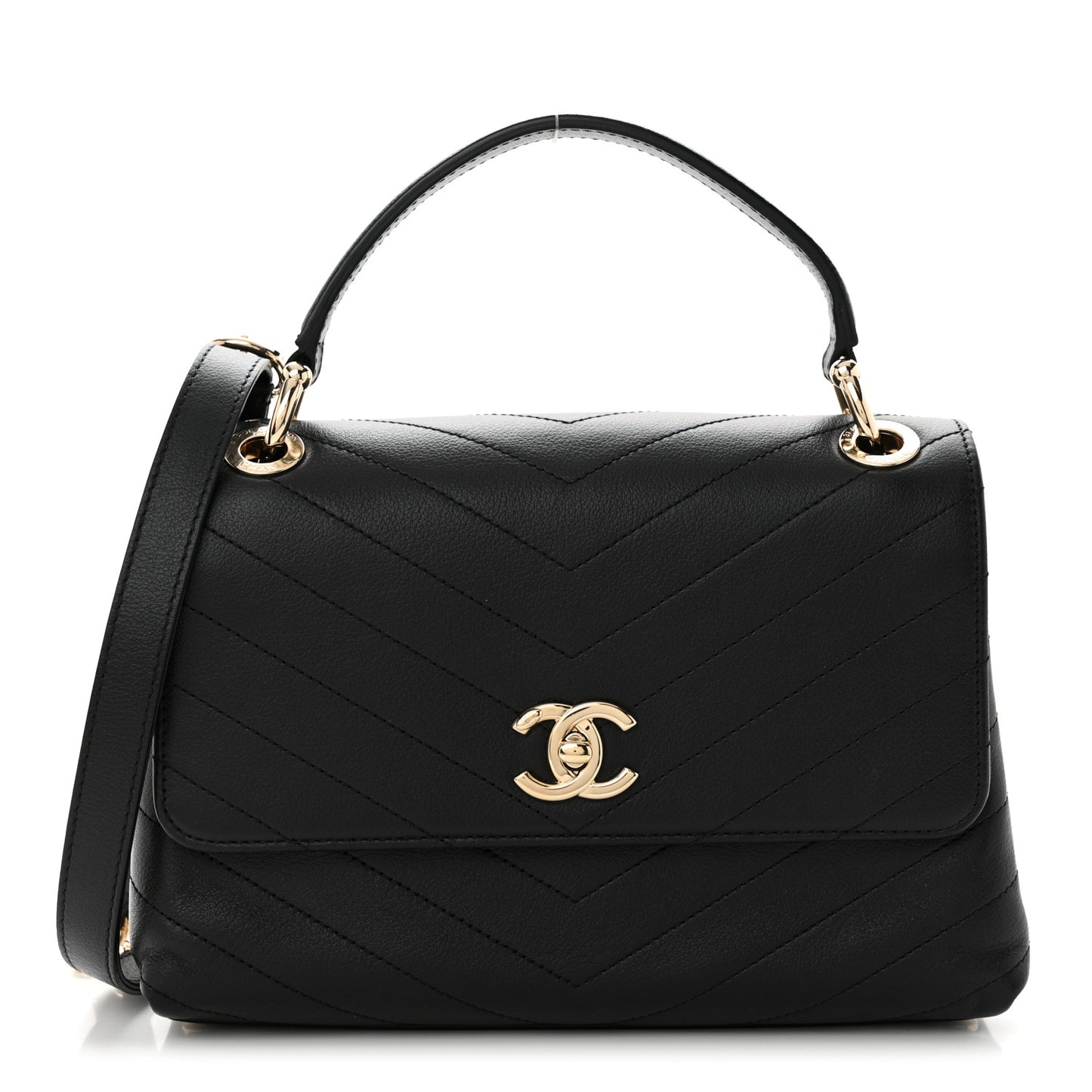 Grained Calfskin Small Chevron Chic Top Handle Flap Black