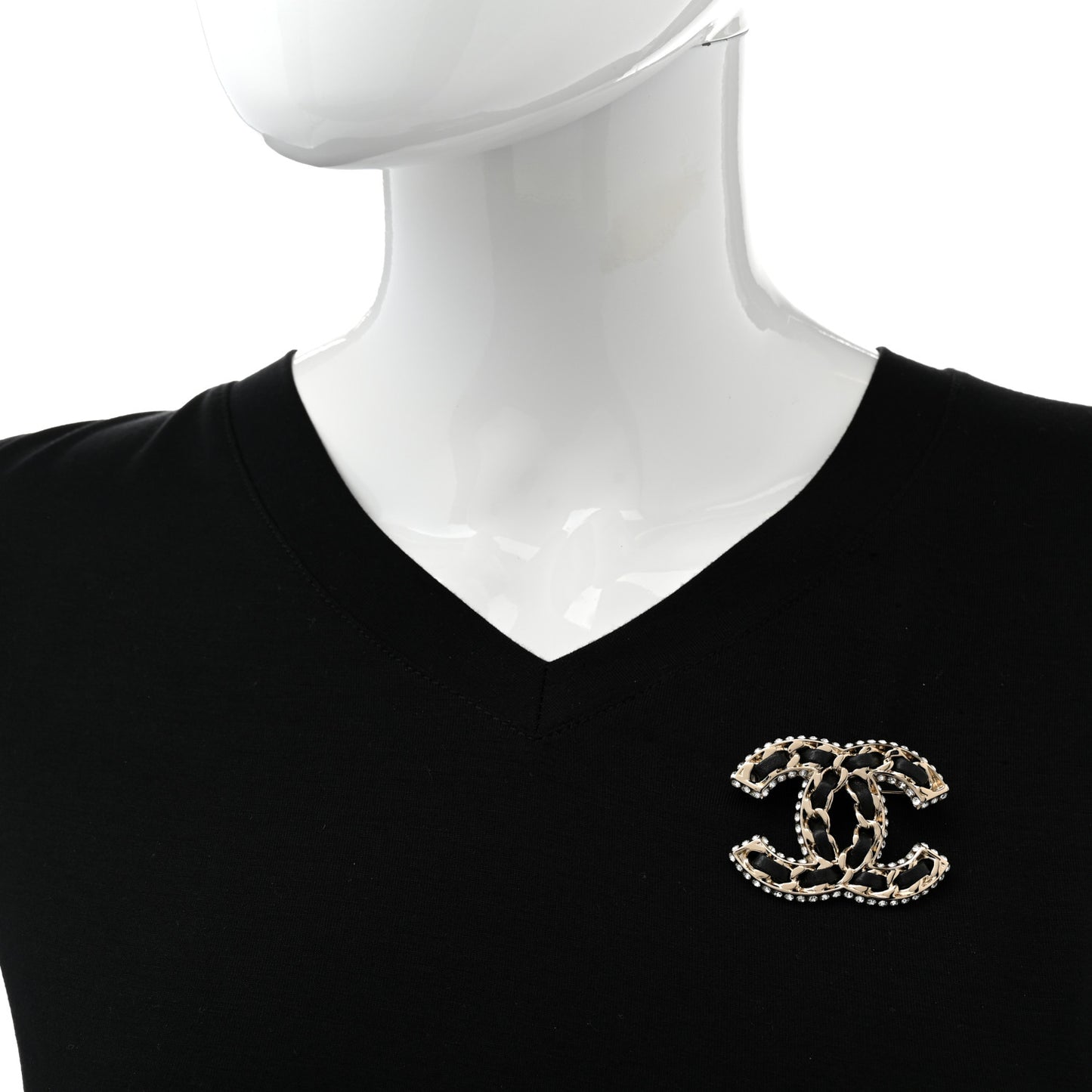 Lambskin Crystal CC Chain Brooch Black Gold