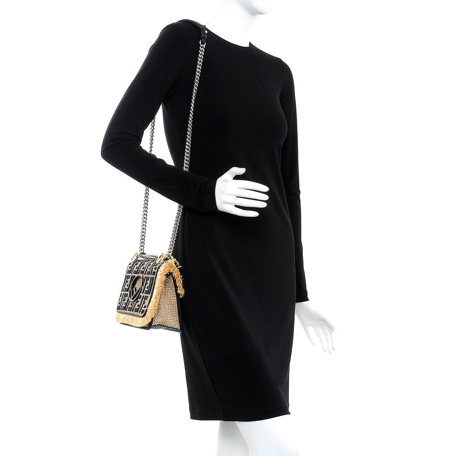 Fendi Raffia Vitello Century F is Fendi FF Embroidered Fringe Small Kan I Shoulder Bag Natural Black 2 of 7