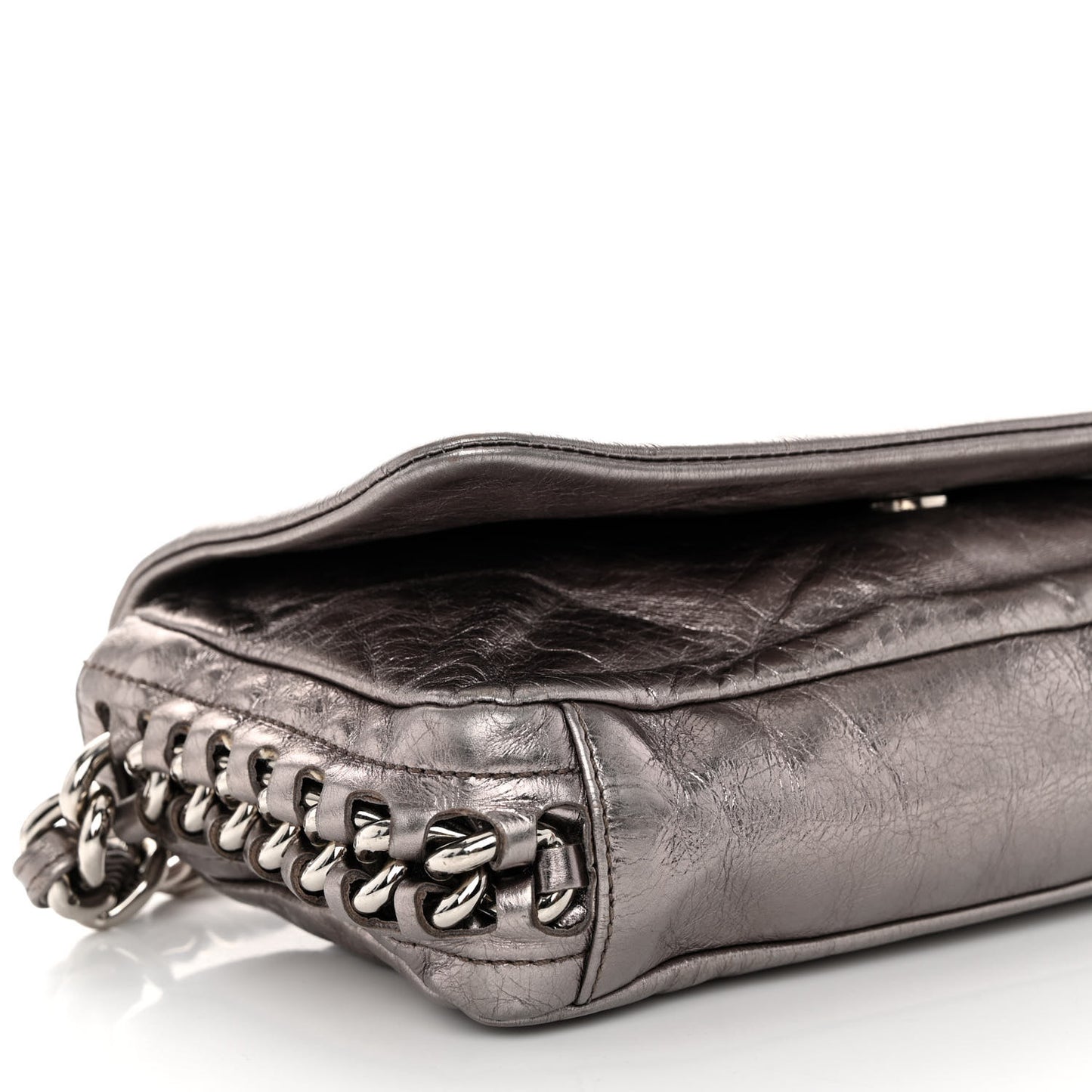 Metallic Cracked Calfskin Modern Chain Flap Bag Dark Silver