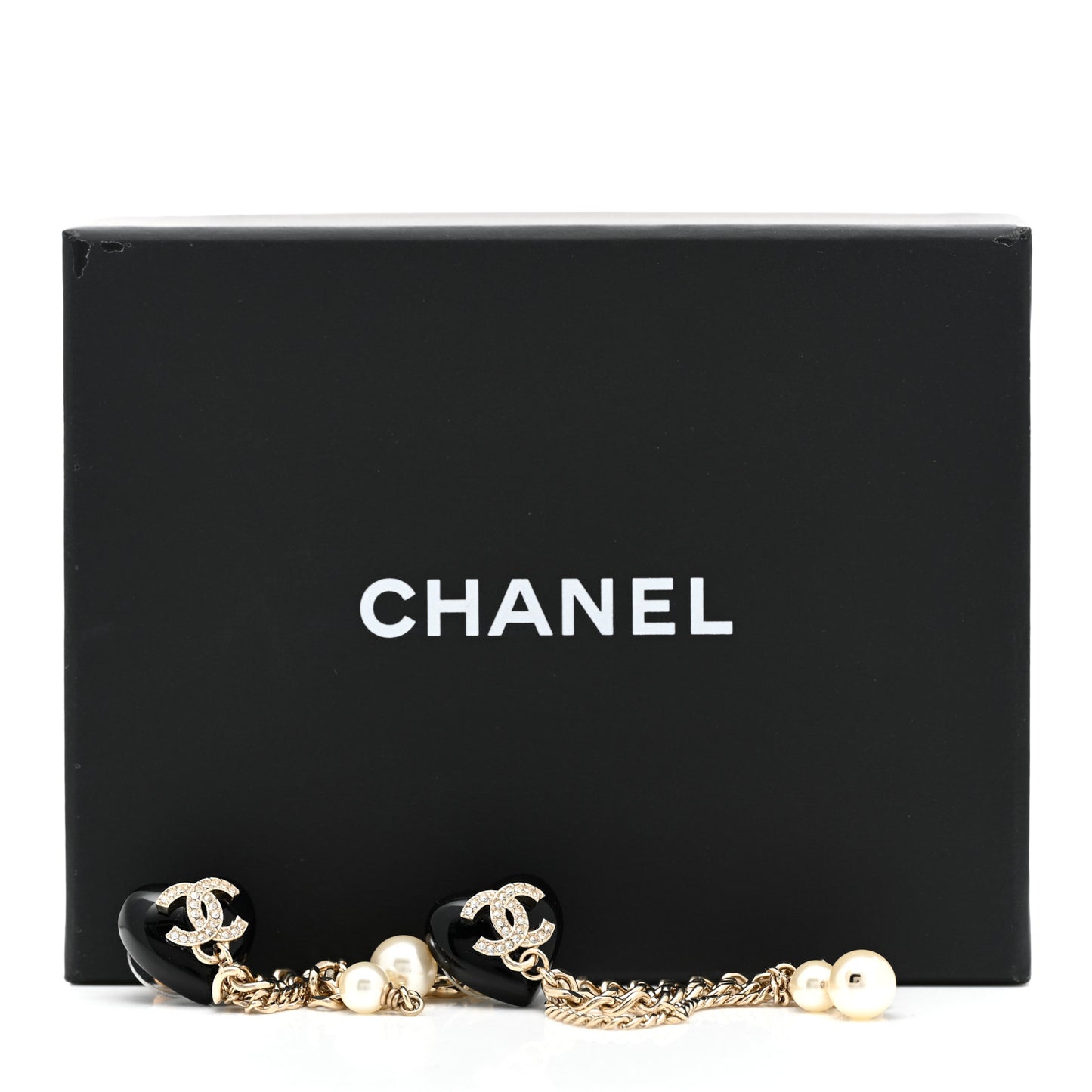Resin Crystal Pearl CC Heart Chain Earrings Black Gold