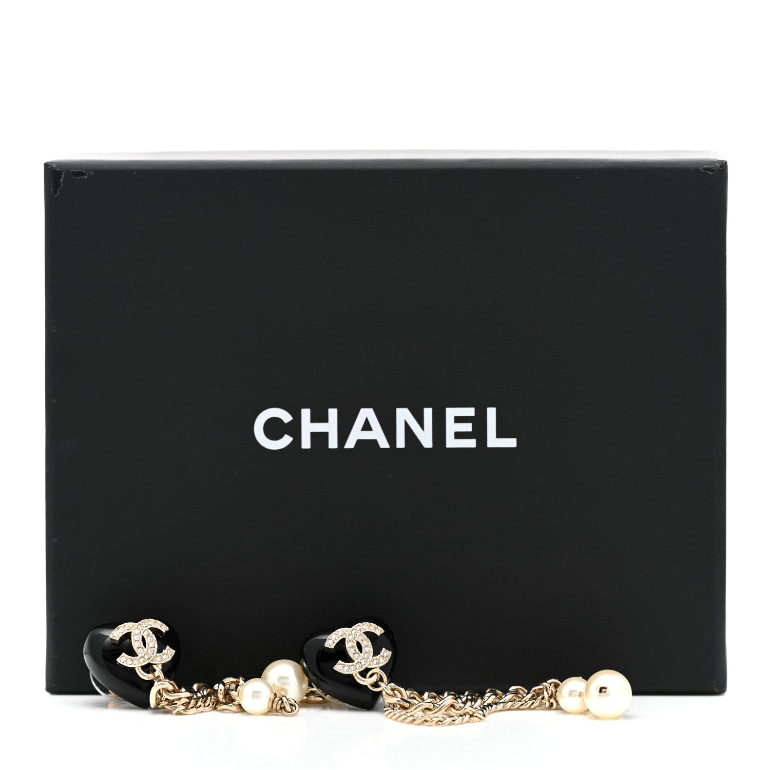 Chanel Resin Crystal Pearl CC Heart Chain Earrings Black Gold 5 of 5