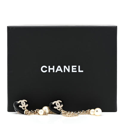 Chanel Resin Crystal Pearl CC Heart Chain Earrings Black Gold 5 of 5