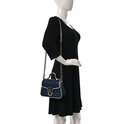 Gucci Vintage Effect Calfskin Matelasse Diagonal Mini Torchon GG Marmont Top Handle Shoulder Bag Blue Agata Mystic White 3 of 9