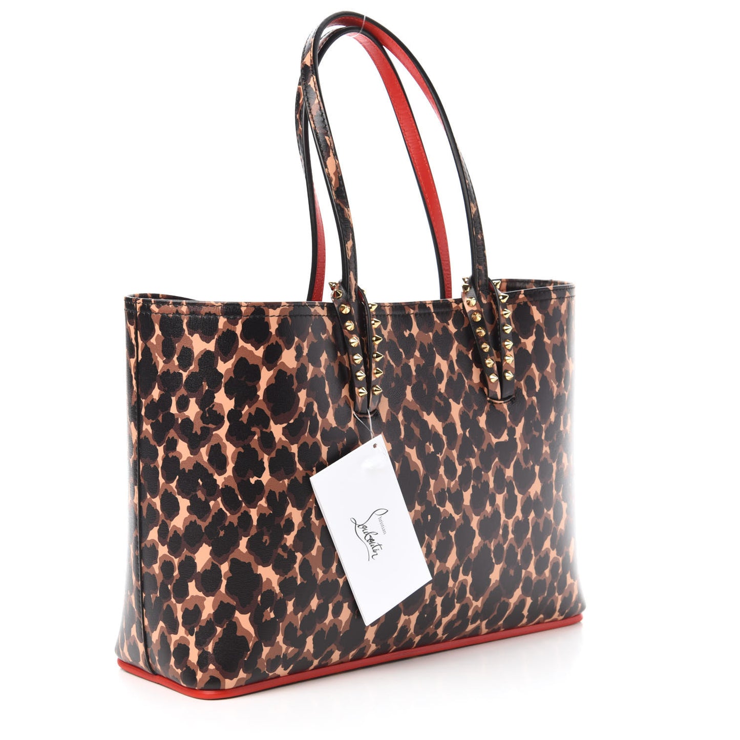 Calfskin Leopard Print Spikes Small East West Cabata Tote Brown