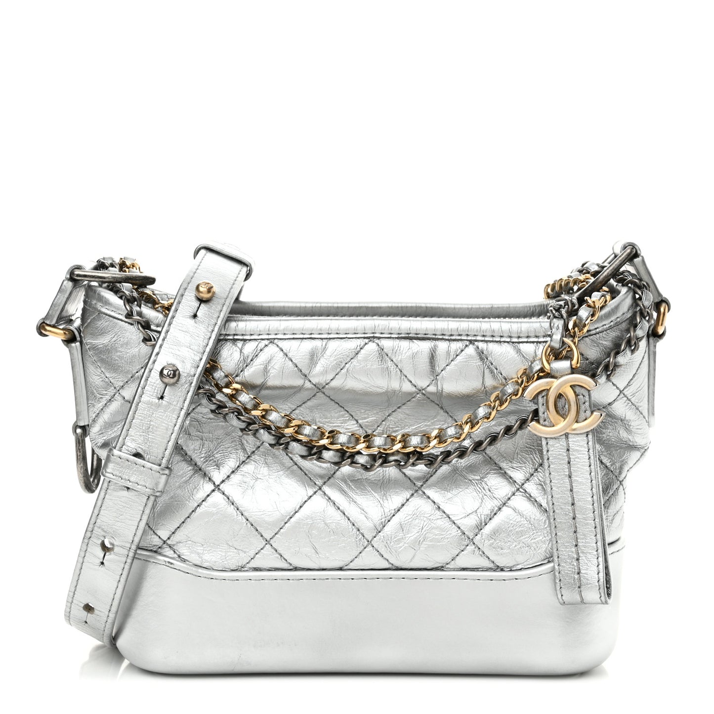 Metallic Aged Calfskin Quilted Small Gabrielle Hobo Silver