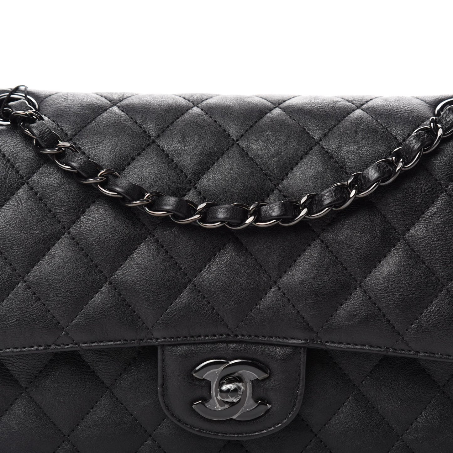 Crumpled Calfskin Quilted Medium Double Flap So Black