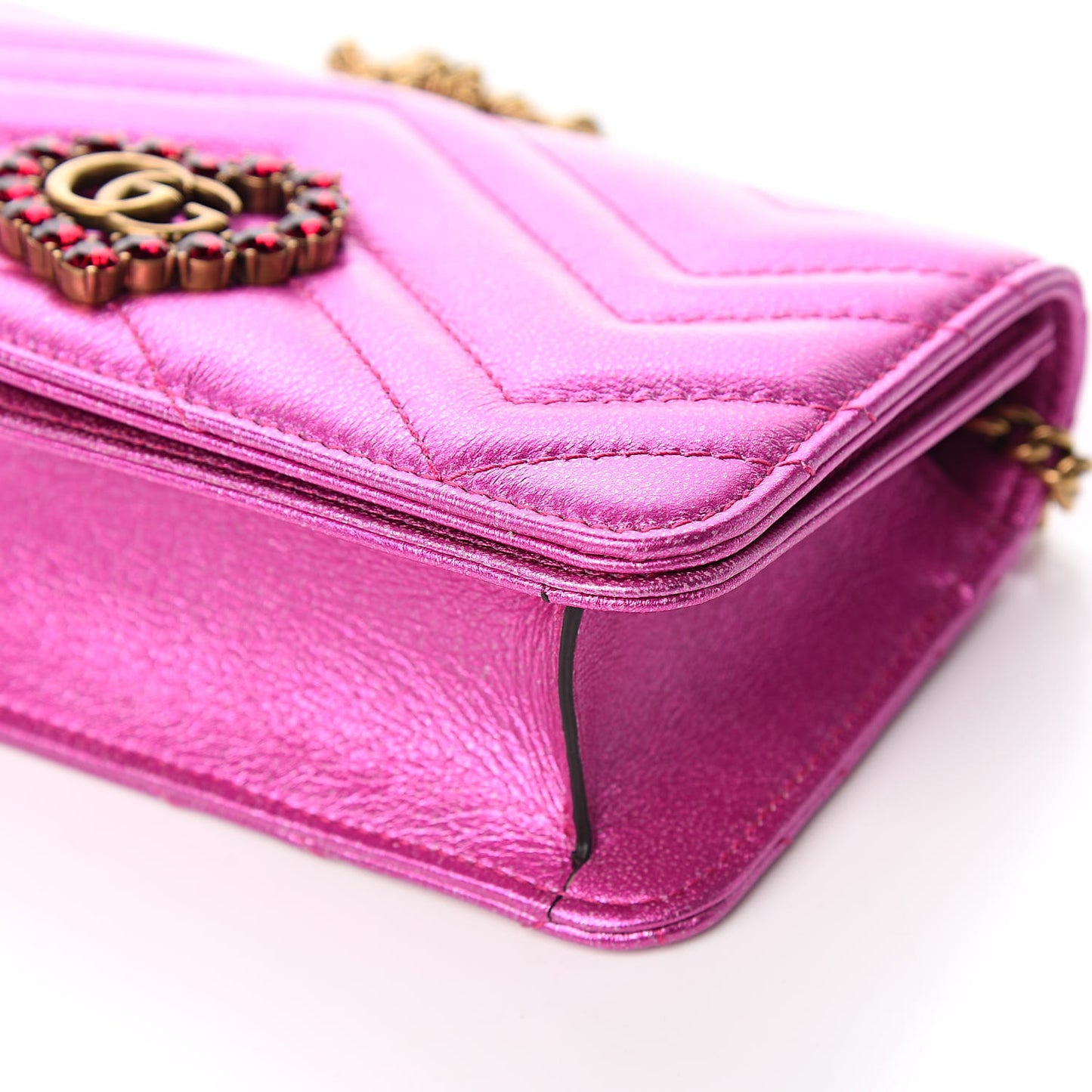Metallic Calfskin Matelasse Crystal GG Marmont Mini Bag Fuchsia