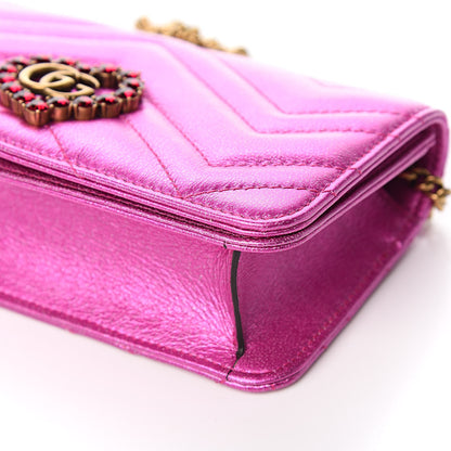 Gucci Metallic Calfskin Matelasse Crystal GG Marmont Mini Bag Fuchsia 8 of 9