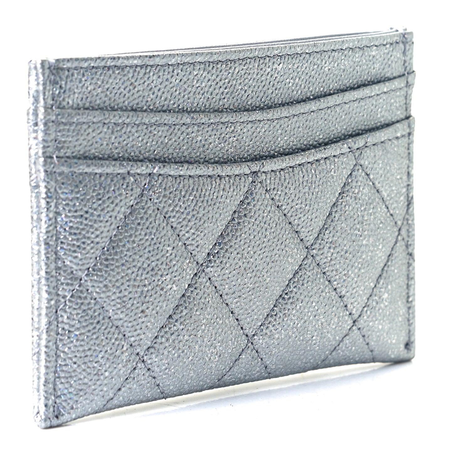Glittered Metallic Caviar Quilted Card Holder Silver