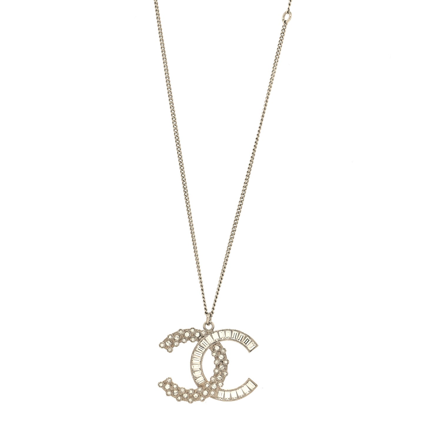 Metal Baguette Crystal Large CC Necklace Silver