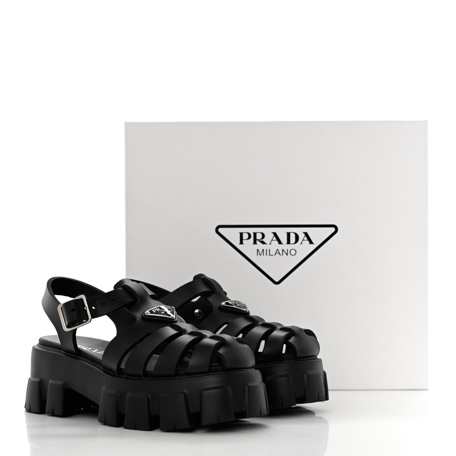 Prada Foam Rubber Triangle Logo Monolith 55mm Cage Sandals 37 Black 9 of 9