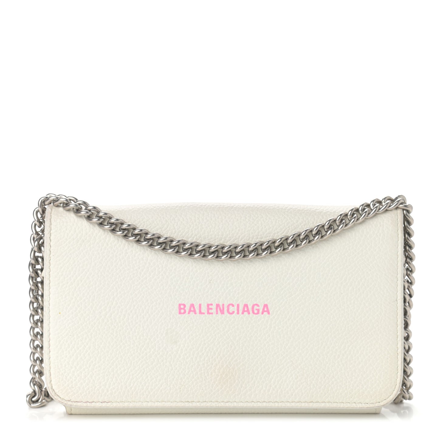 Grained Calfskin Logo Cash Phone Holder Wallet On Chain White Fluo Pink