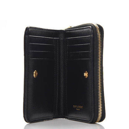 Saint Laurent Grain De Poudre Matelasse Chevron Monogram Compact Zip Around Wallet Black 5 of 6