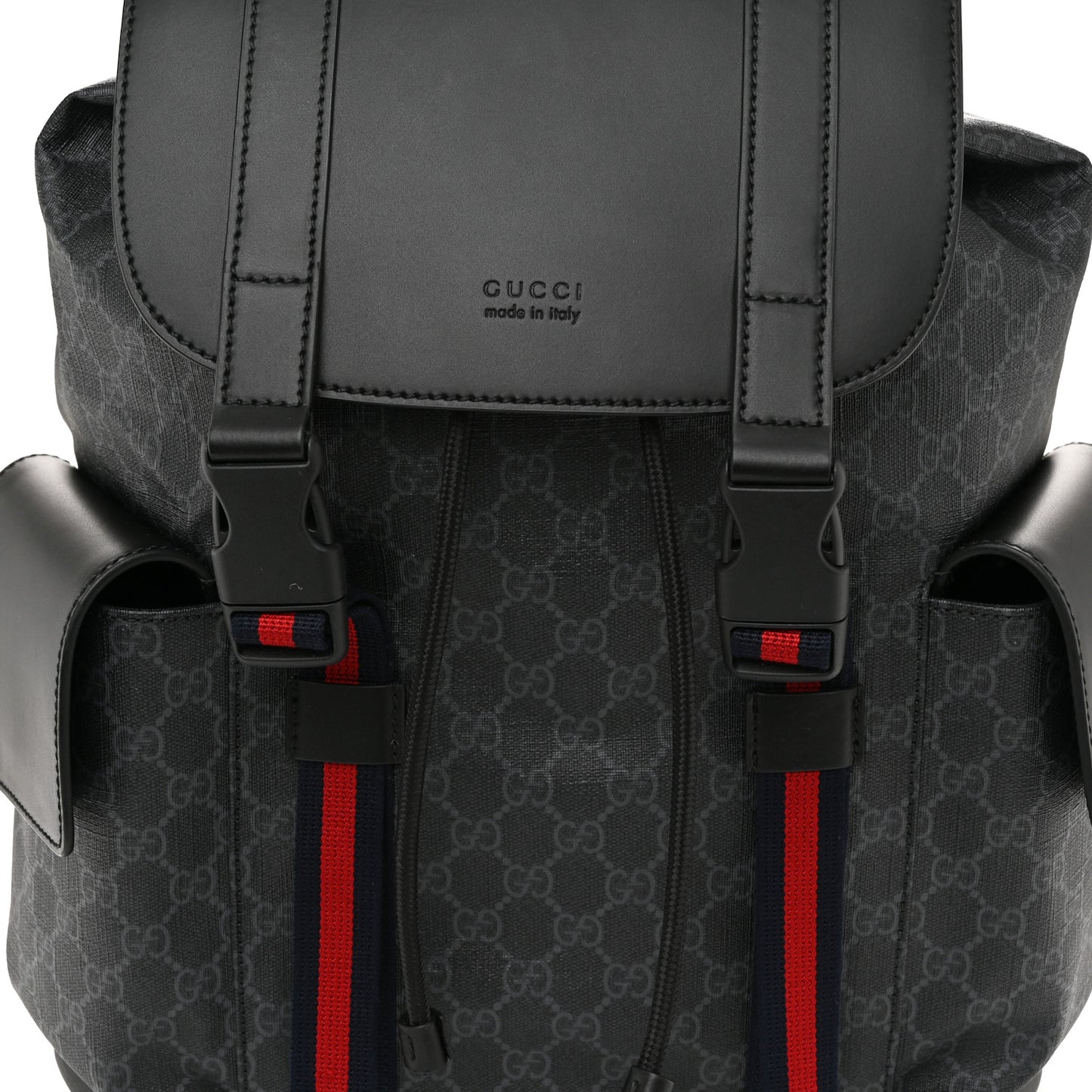 Soft GG Supreme Monogram Calfskin Web Double Buckle Backpack Black