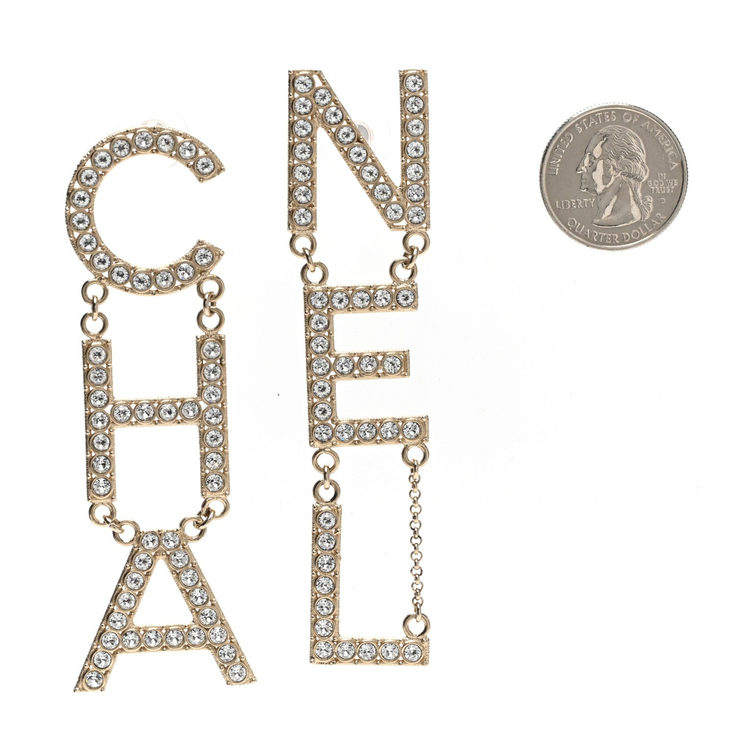 Chanel Crystal Cha-Nel Logo Drop Earrings Gold 2 of 5