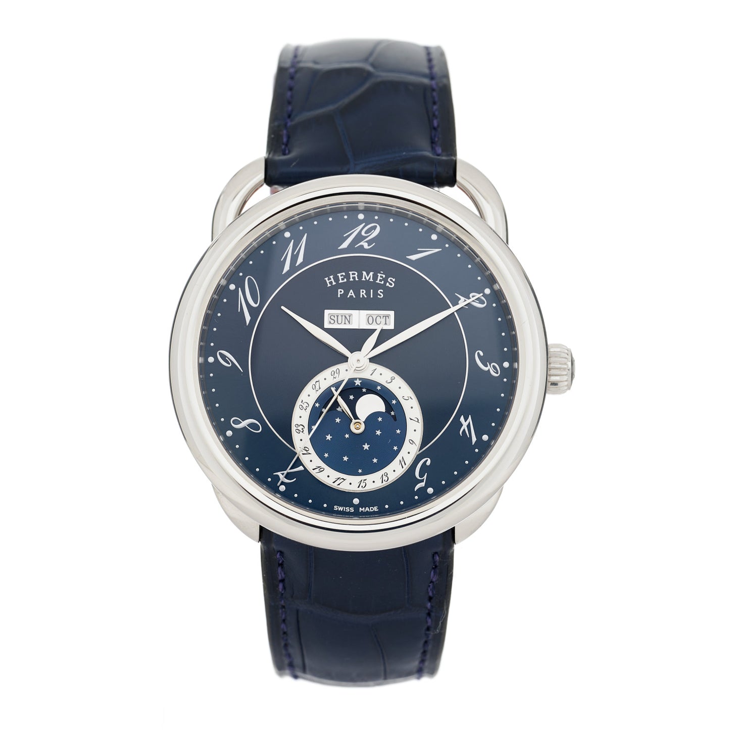 Stainless Steel Alligator 43mm Arceau Grande Lune Automatic Watch Bleu Abysse