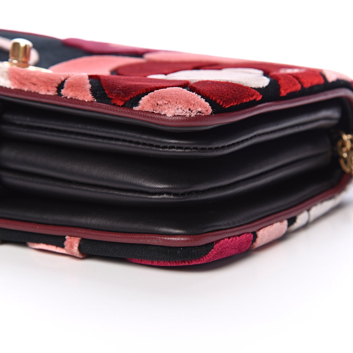 Velvet Lambskin Camellia Flap Black Burgundy