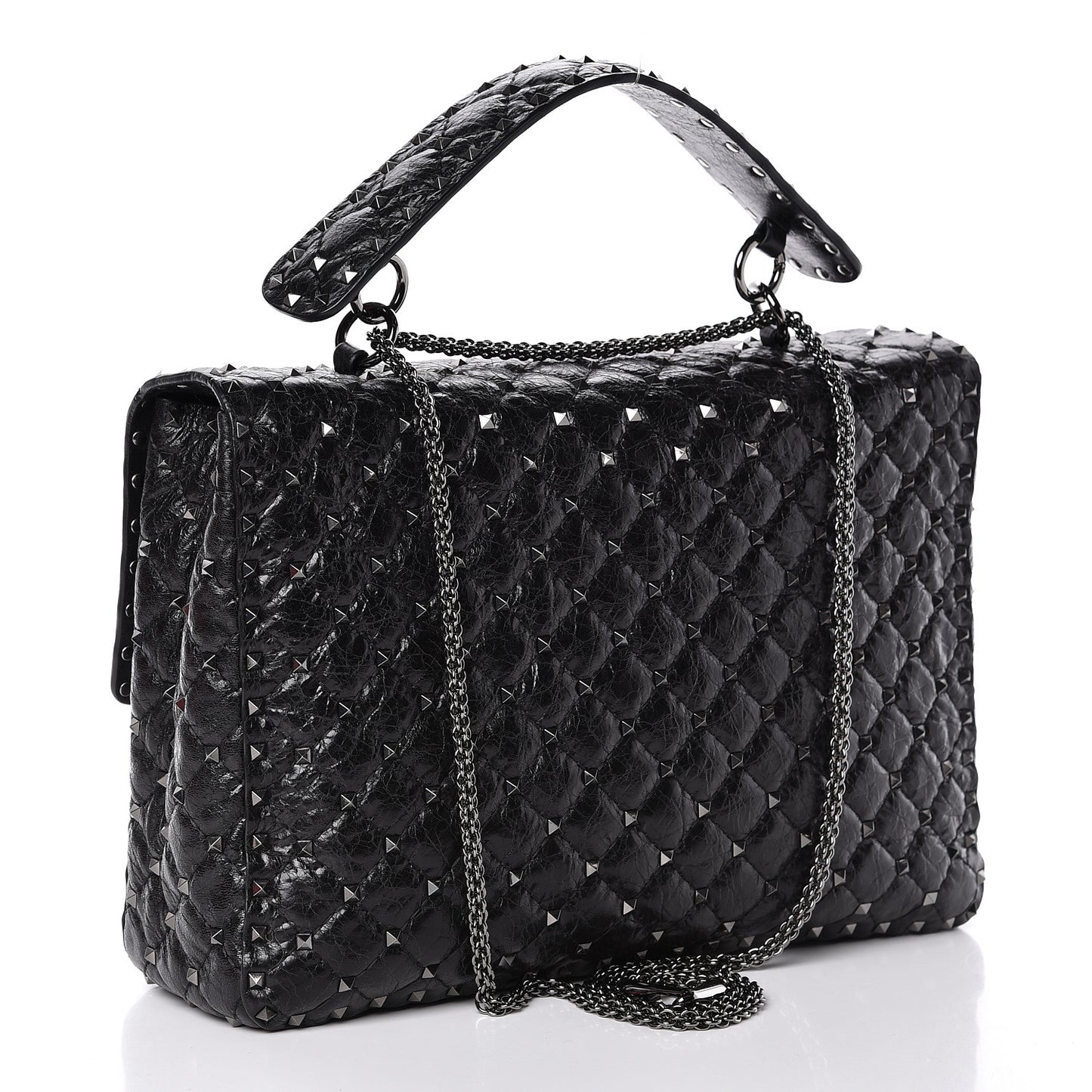 Craquele Nappa Large Rockstud Spike Shoulder Bag Black