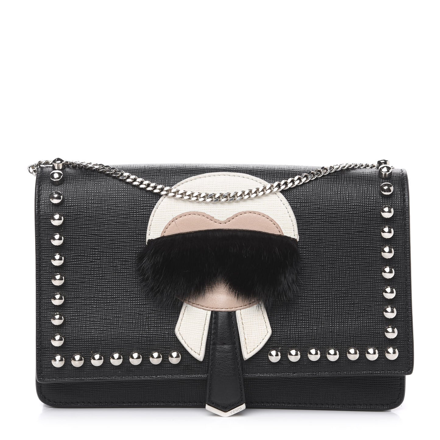 Vitello Elite Mink Fur Studded Karlito Tube Wallet on Chain Black