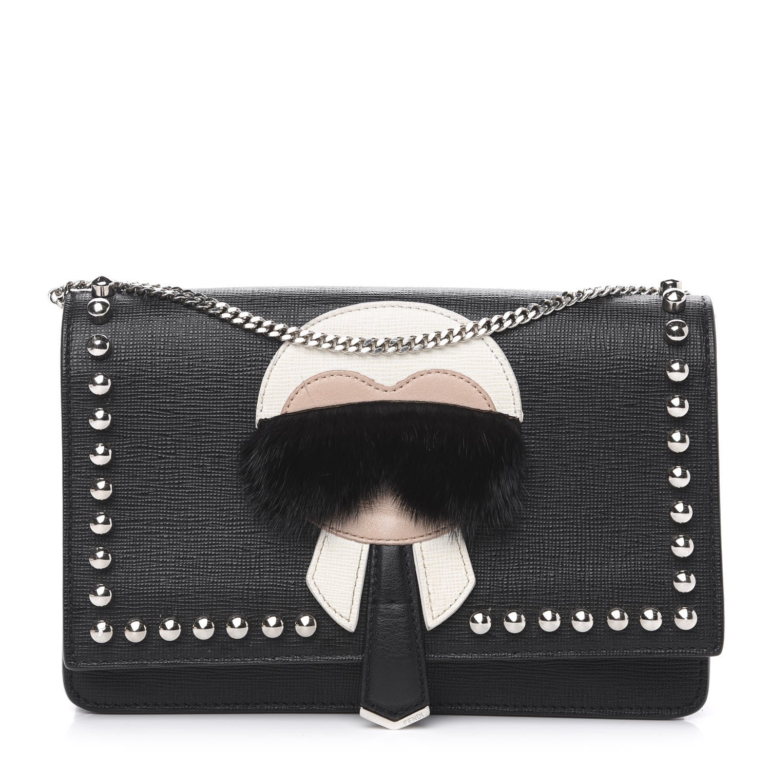 Fendi Vitello Elite Mink Fur Studded Karlito Tube Wallet on Chain Black 1 of 9
