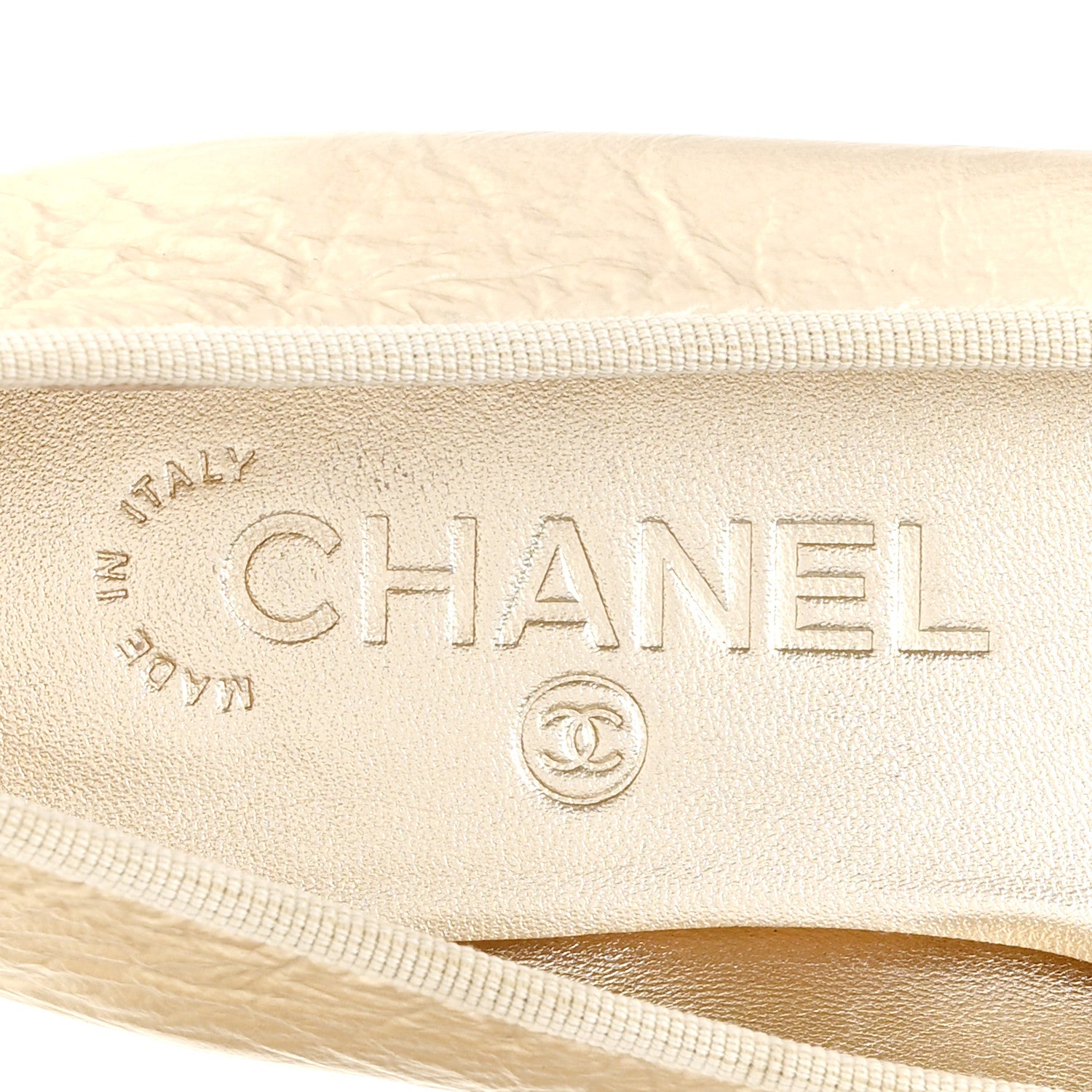 Chanel Metallic Laminated Lambskin Grosgrain CC Cap Toe Ballerina Flats 37.5 Light Gold Black 7 of 10