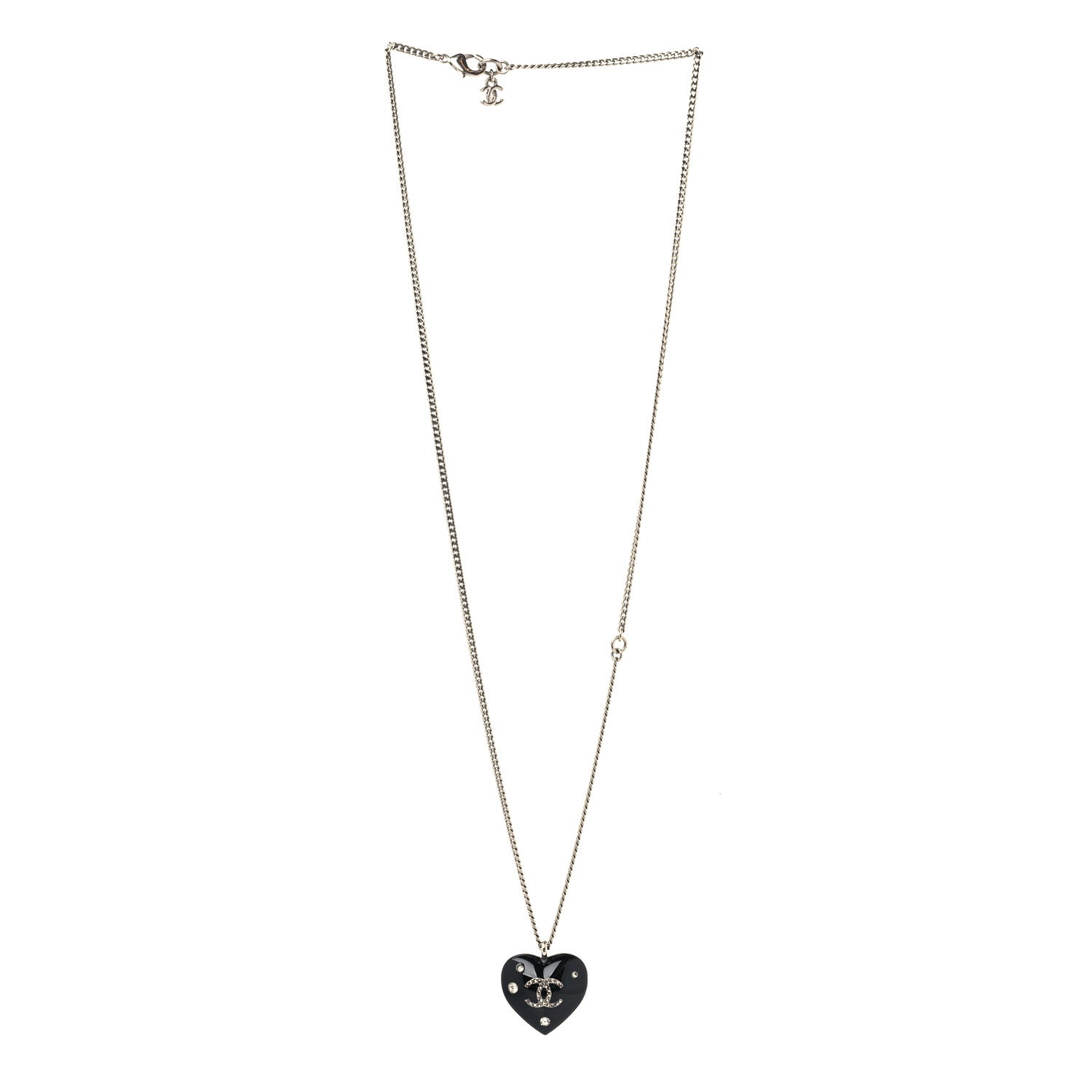 Chanel Resin Crystal CC Heart Necklace Black Silver 3 of 5