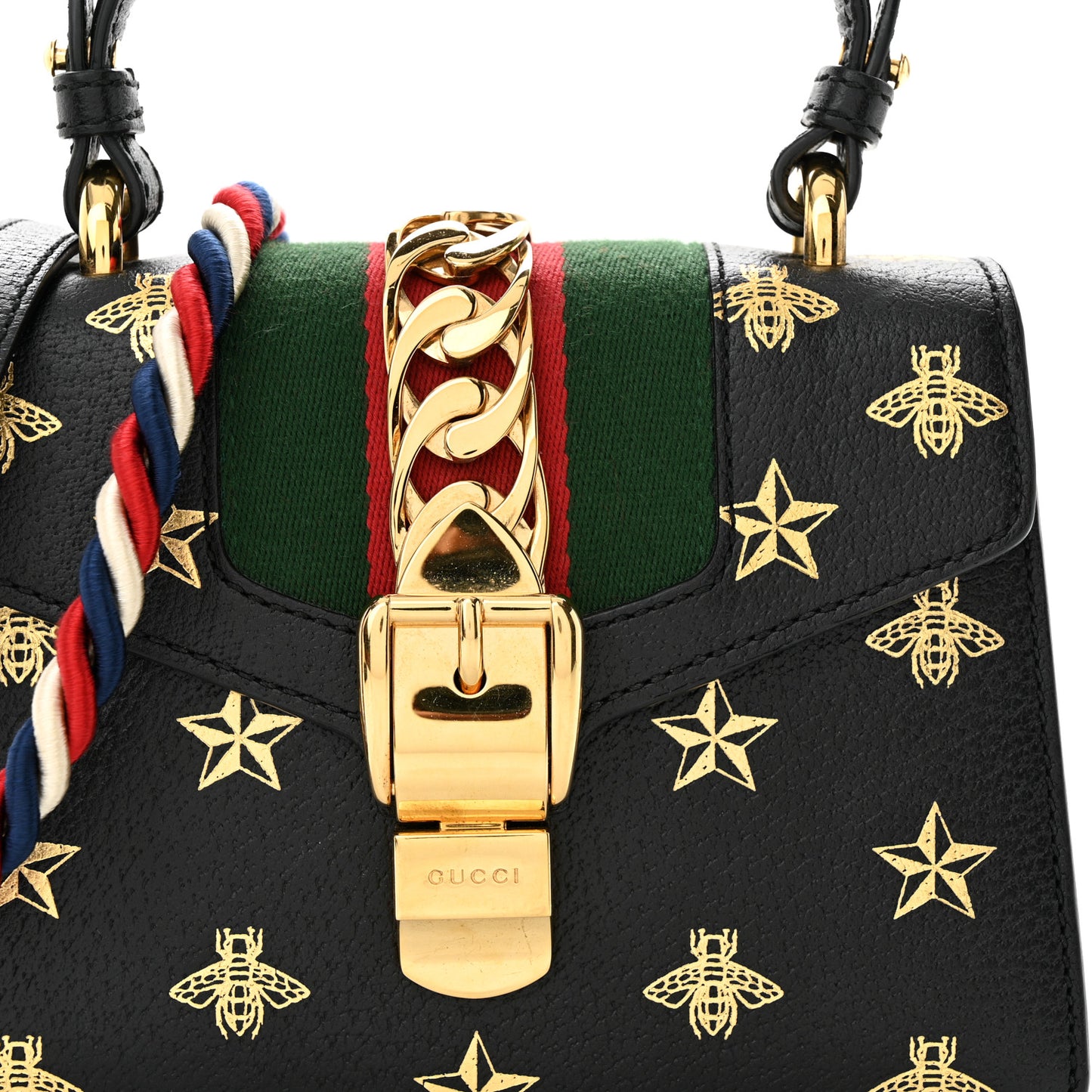 Textured Calfskin Bee Star Print Mini Sylvie Top Handle Bag Black