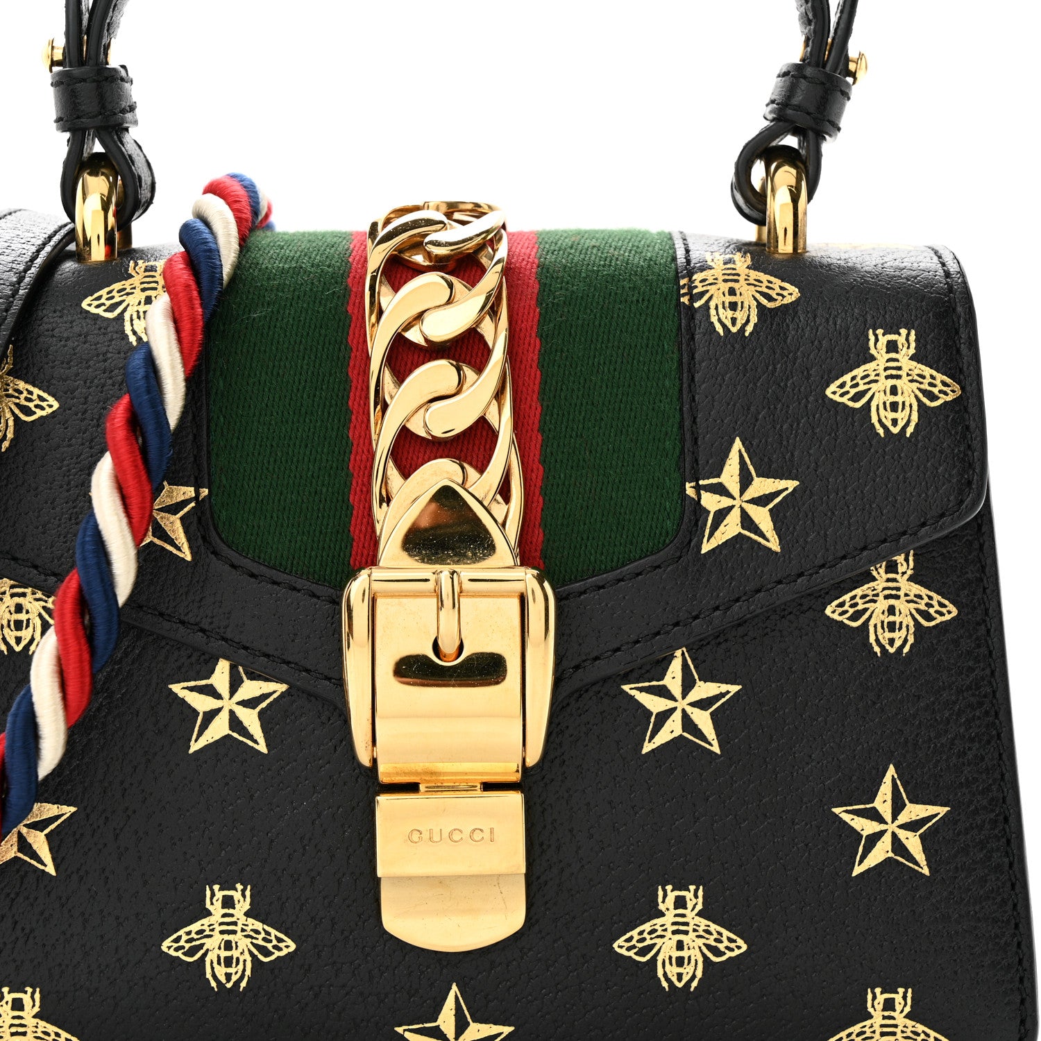 Gucci Textured Calfskin Bee Star Print Mini Sylvie Top Handle Bag Black 9 of 13