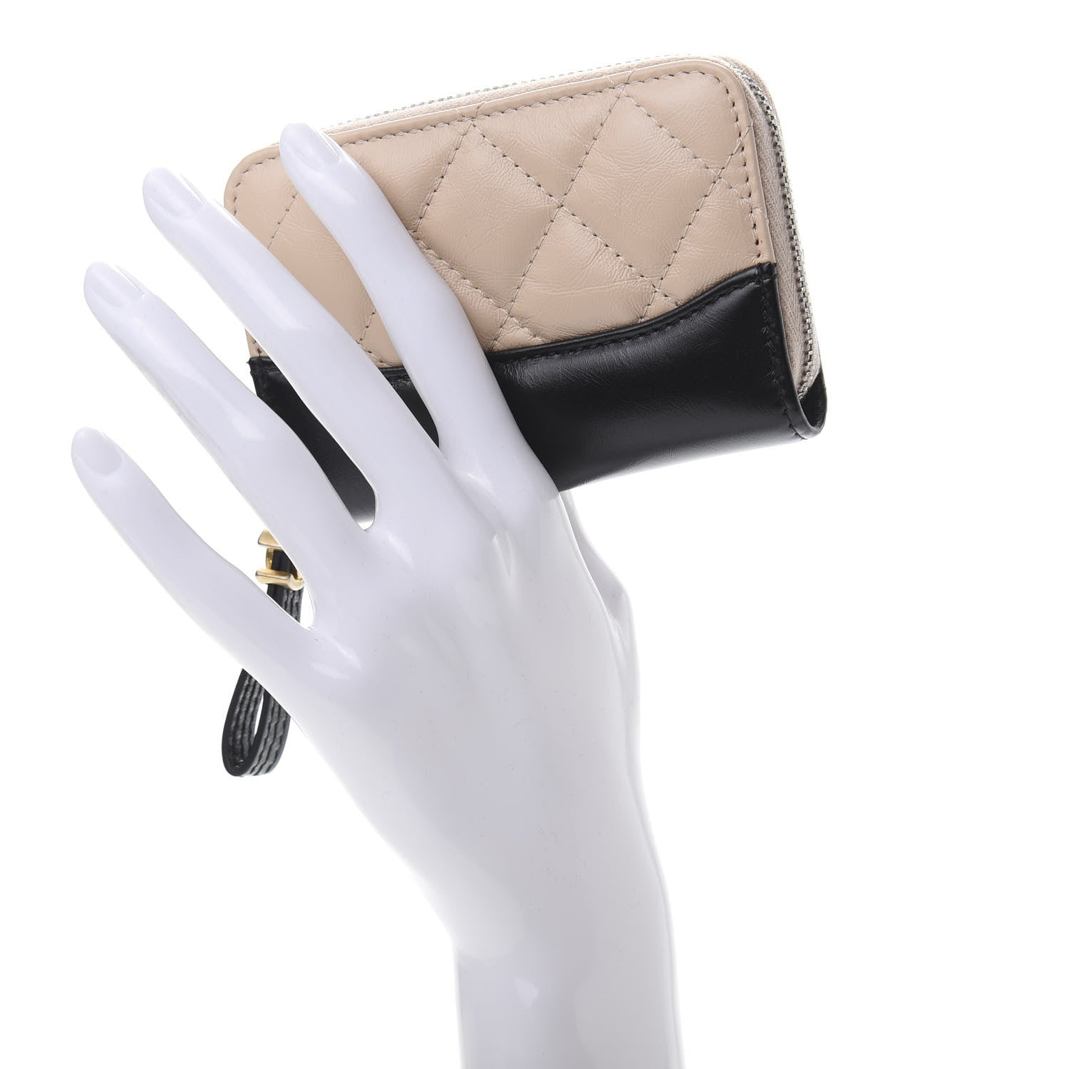 Chanel Aged Calfskin Quilted Gabrielle Zip Around Coin Purse Wallet Beige Black 2 of 8