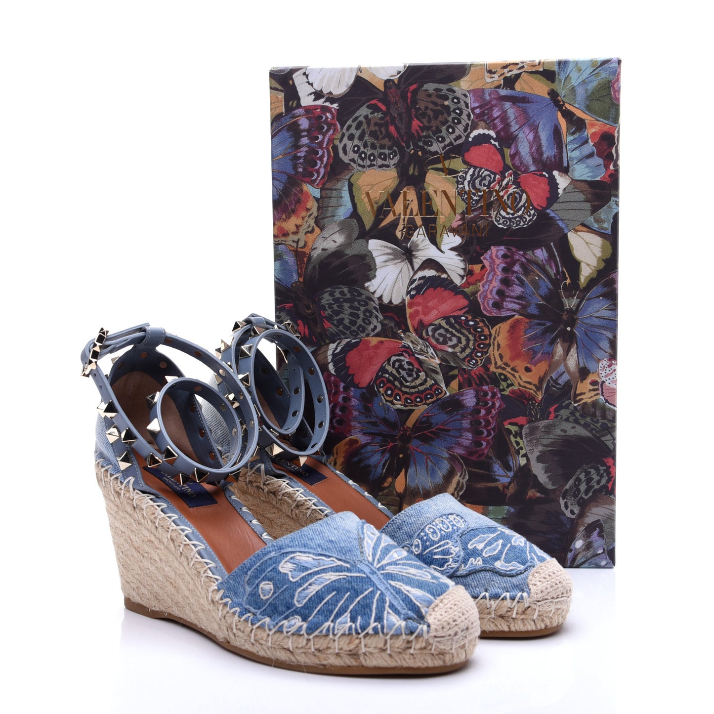 Denim Butterfly Embroidered Rockstud Ankle Wrap Espadrille 15/85mm Wedges 36 Light Denim