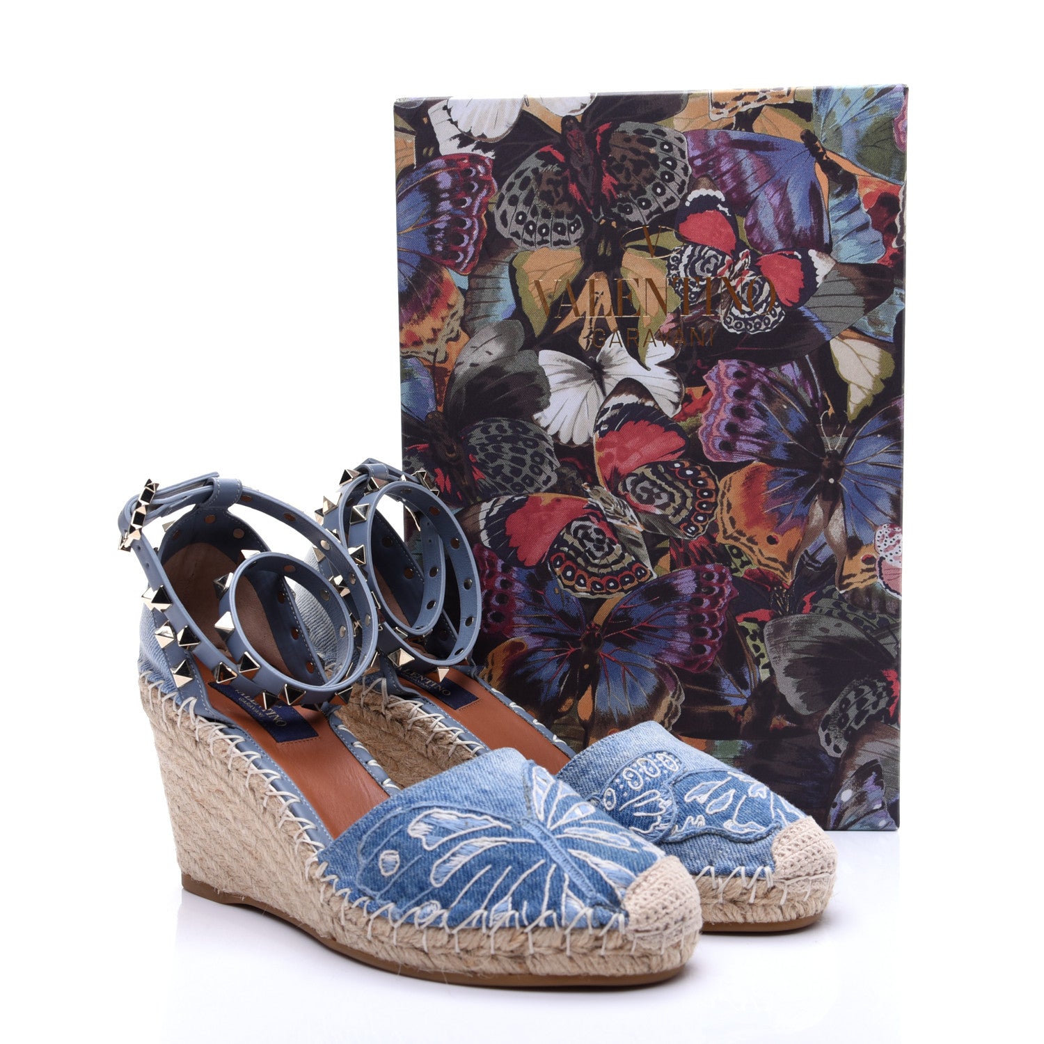 Valentino Garavani Denim Butterfly Embroidered Rockstud Ankle Wrap Espadrille 15/85mm Wedges 36 Light Denim 18 of 18