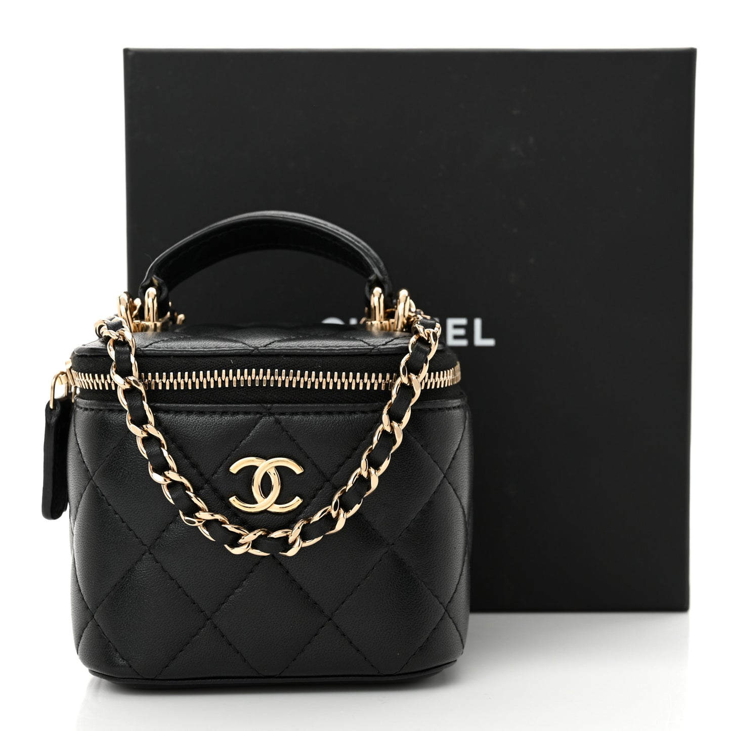 Lambskin Quilted Top Handle Mini Vanity Case With Chain Black